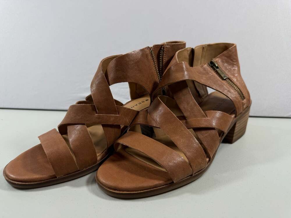 Lucky Brand Nayeli Women's Chunky Brown Leather Strappy Block Heel Sandals Size